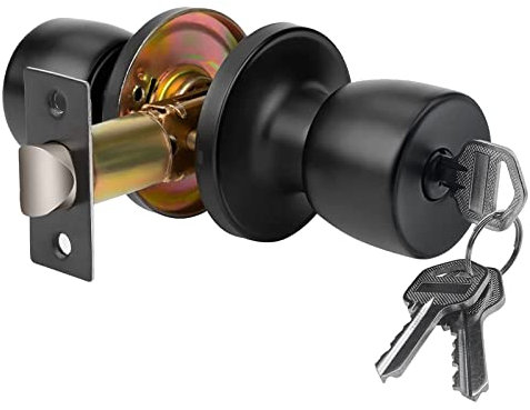 JO.KO Pomo de puerta con cerradura y llave, cerradura de bola redonda negra mate, perilla de puerta interior/exterior para dormitorio o baño/manija de puerta de entrada