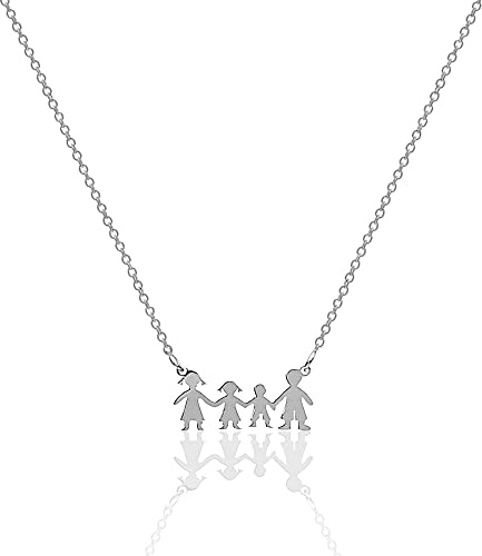 Aka Gioielli® - Collana Famiglia 4 Persone in Argento 925 Rodiato, Ciondolo con Madre Padre Figlio e Figlia