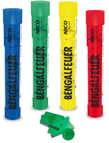 AKTIVHANDEL Bengalfeuer 4 Stück Bengalo Rauchfakel Handfackel in Rot Gelb Grün und Blau, Kat F1 Feuerwerk inkl. Einkaufswagenchip