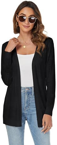 Famrrifuu Cardigan Donna Lungo Cotone Leggero Maniche Lunghe Giacca Elegante Estivo Cardigan in Maglia,Nero,S