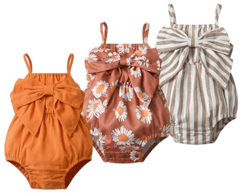 Derouetkia Baby Girl Romper Summer Tank Top Suspender with Bow Design Cute Baby Girl Jumpsuit 3Pcs, Multiccolour, 0-3 Months