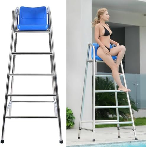 SAFWELAU Taburete Alto Escalera de Seguridad Sillas de observación Junto a la Piscina para la Playa del Lago, Silla Salvavidas Desmontable de Acero Inoxidable con Orificio y Gancho para Paraguas