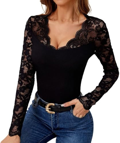 Haut Femme Chic Et Elegant,T-Shirt Transparent en Dentelle à Manches Longues pour Femme Haut Femme Chic et Élégant T-Shirt Transparent Femme Sexy en Dentelle Florale Haut en Mesh Clubwear