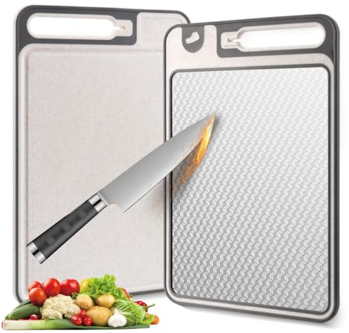 2 In 1 Cutting Boards Non Toxic for Gourmet Kitchen Aficionados - 304 Stainless Steel and Food Grade Wheat Straw Double Sided Design - Scratch-Resistant Mesh - Easy-Clean With Juice Groove (15”×10”)