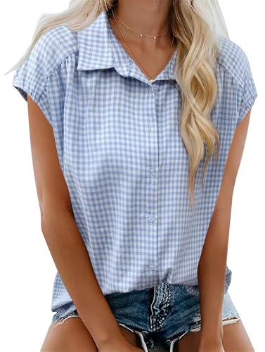 EFFAN Womens Blouse Checked Cotton Shirts Cap Sleeve Blouses V Neck Summer Buttom Down Shirts Ladies Loose Fit Work Blouse Tops UK, Blue and White Plaid, L