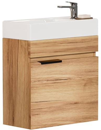 Yorbay Waschbecken mit Unterschrank 41 cm: Modern Wandmontage Badezimmerschrank mit Keramik Waschtisch für Kleine Bäder - Holzfarbe Hängend Badmöbel Set ohne Wasserhahn für Gäste WC