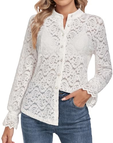 WOWENY Chemisier à manches longues pour femme - Élégant - Avec dentelle - Col montant - Blouse à col - Haut décontracté - Transparent - Chemisier en dentelle, Blanc., S