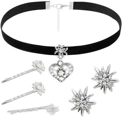 Ycaaeo 7 Stück Trachtenschmuck Set, Bierfest Damen Trachtenkette, Edelweiß Ohrstecker, Trachten-Haarklammern, Bayerisch Dirndlschmuck, Bierfest Trachten Dirndl Outfit Accessoires