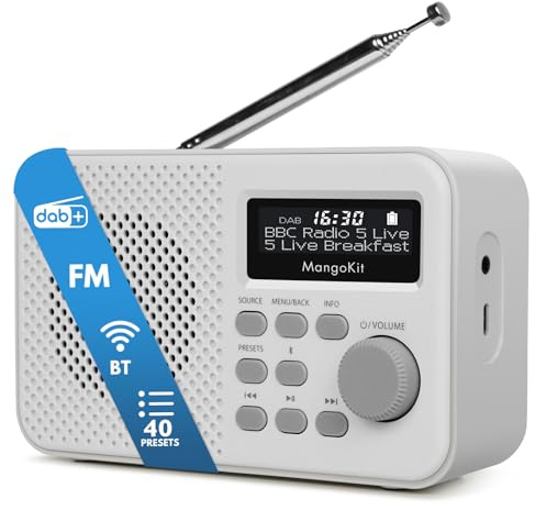 MangoKit MD2 Plus Radio Dab/Dab+/FM portátil - Bluetooth, 40 presintonías, Pantalla Grande, Funcionamiento con Red o Pilas, Toma de Auriculares, Radio compacta para mesilla o Cocina