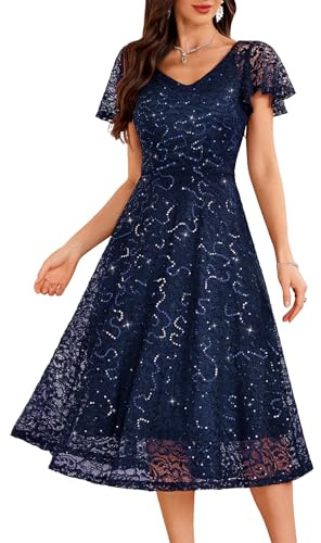 AOCZZ Robe de soirée à paillettes élégante pour mariage, robe de cocktail, robe d'été pour femme, robe pour fête, confirmation, Bleu marine pailleté, L