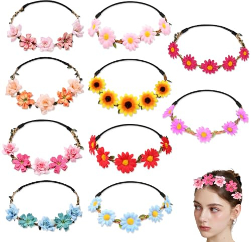 YinnFeen 10 Piezas Coronas de Flores, Diadema de Flores Boho Multicolor, Elástica Guirnaldas de Flores Tocados de Flores para Mujer con Flores Artificiales para Bodas Festivales Playa y Fiesta