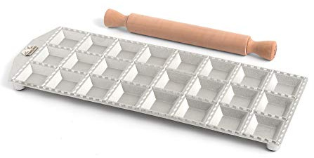 Marcato Molde para Ravioli, Máquina para Ravioli, Moldes para Ravioli Caseros, Corte Cuadrado de 50 mm, Espacio para Relleno Abundante, Rodillo de Madera Incluido.