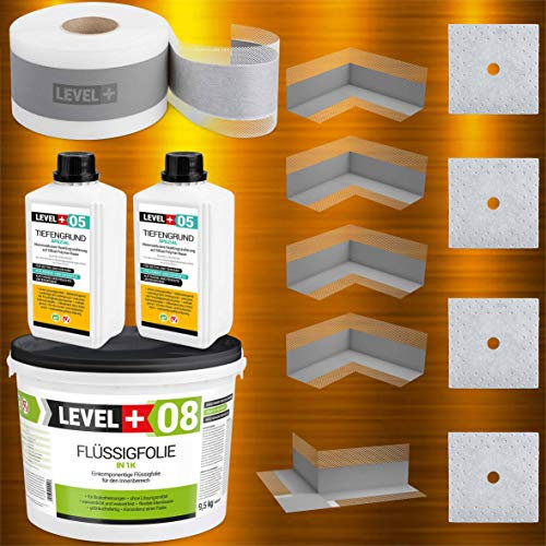 Dicht-Set Bandset Dusche Bad 9,5 Kg Flüssigfolie, 2L Tiefengrund, 15M Dichtband, 4 Innenecken, 1 Außenecke, 4 Wandmanschetten SET104