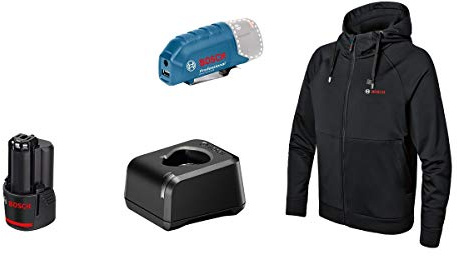 Bosch Professional Uppvärmbar träningsjacka GHH 12 + 18 V XA (inkl. USB-laddningsadapter GAA 12V-21 + GBA 12 V 2.0 Ah batteri + laddare GAL 12V-20, i låda)
