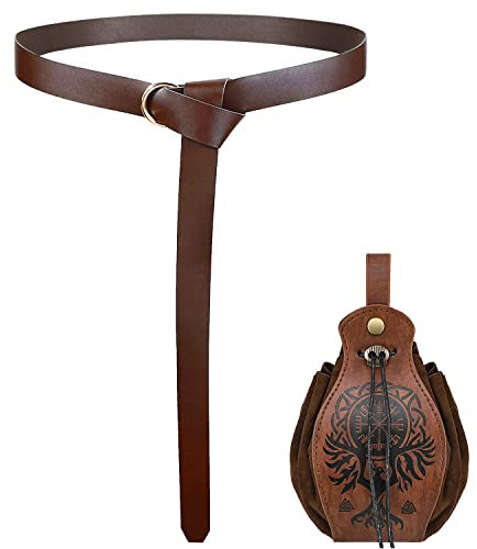 keland 2PCS Ren Faire Zubehör Wikinger Gürtel & Renaissance Mittelalter Gürteltasche Lederbeutel (Braun-001)