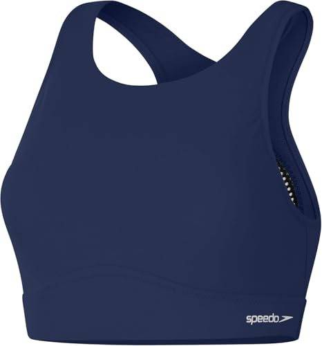 Speedo Haut à Col Haut uni avec Filet, Natation Fitness, Design Élégant Haut à Col Haut uni avec Filet pour Femme, Bleu Céruléen, XL