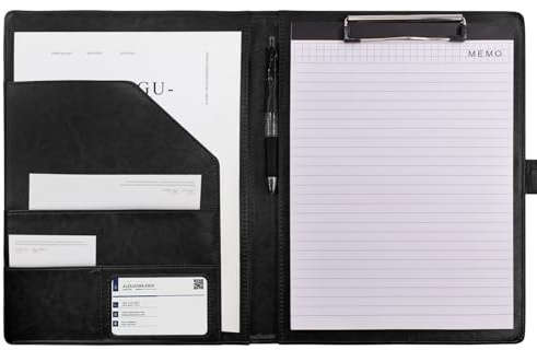 VANRA Padfolio Clipboard Folder Leather Portfolio Binder Organizer Interview Resume Folder for Papers Legal Document A4 Letter Size Writing Pad Notepad Clip Boards with Business Card Holder (Black)