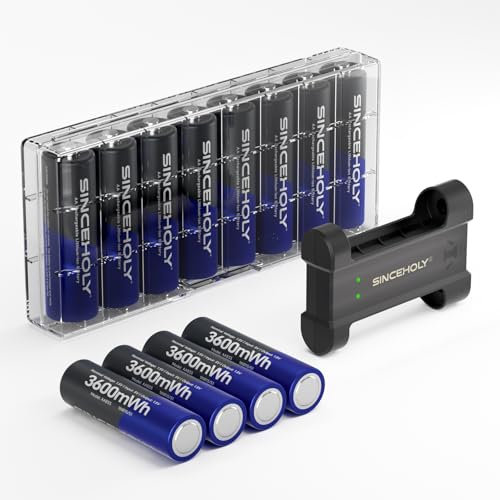SINCEHOLY 12 Pack Rechargeable AA Batteries Lithium with Charger, 1.5V 3600mWh Double A Batteries Rechargeable, Long Lasting Lithium ion AA Batteries