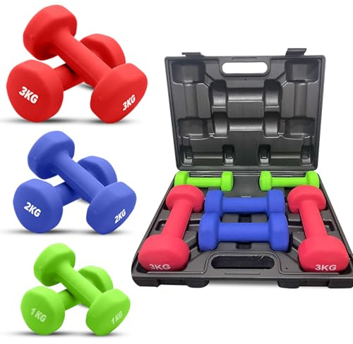 ND Sports Weights Dumbbells Set – Neoprene-Coated Hand Weights with Anti-Roll Design | Dumbbells Set for Women & Home Gym | Non-Slip Grip, Multi-Colour Pairs with Carry Case