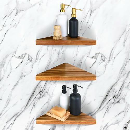 ENKEZI Acacia 2,3 Tiers Corner Shower Shelf, Triangular Corner Shelf Wooden Bathroom Shelf for Tiled Wall, Shower Corner Shelf, No Drilling Requied (3)