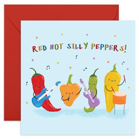 Red Hot Silly Peppers födelsedagskort – sött musikband tema kort för vänner, familj, musikälskare för honom, henne, bror, syster, kollegor, kusin, släktingar – levereras med roliga klistermärken