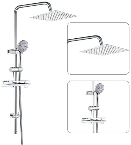 Duschsäule, Mischbatterie mit Regal, quadratischer Duschkopf 30 x 30 cm, Handbrause mit 3 Funktionen, höhenverstellbar, Duschset für Badezimmer