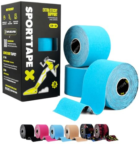 SPORTTAPE 3 Rollos Cinta Kinesiológica Azul 5cm x 5m – Vendaje Muscular y Deportivo para Rodilla, Tobillo, Lesiones y Rehabilitación – Adhesiva, Impermeable e Hipoalergénica