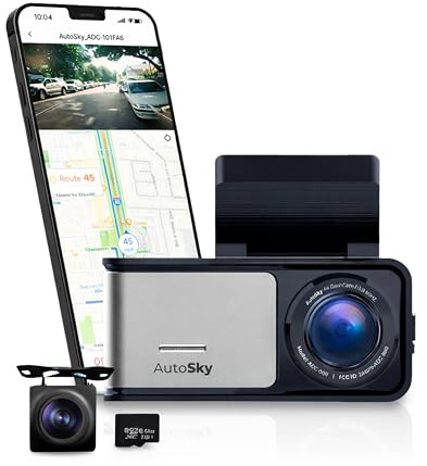 AUTOSKY 4K dubbel bilkamera med GPS och WLAN – frontkamera 4K Ultra HD, backkamera 1080P, 140° vidvinkel, G-sensor, loop- och tidlapse inspelning, mörkerseende, rörelsedetektering