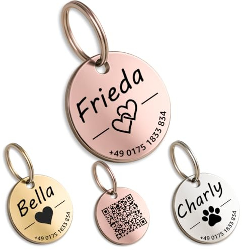 Hundbricka med gravyr – personligt med namn – ⌀ 30 mm – roséguld – namnskylt för halsband – hundetikett – hänge märke för hundar – med symbolurval – djurmärke för hundar, katter, valpar