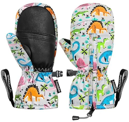 Andake Kinderhandschuhe,Warme Winterhandschuhe Wasserdicht Winddicht Handschuhe für Skifahren, Spielen, Outdoor-Aktivitäten, Jungen und Mädchen (Dino-kurz,XXXXS(ca.1-2 Jahre)