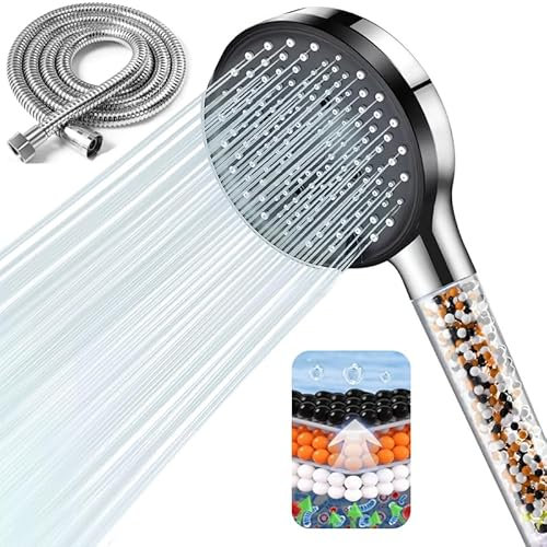 Peach Street Shower Head and 1.5M Hose,High Pressure with Bead Filter and Five Spray Modes,Used for Removing Residual Chlorine,Powerful Portable Handheld Water-Saving Shower