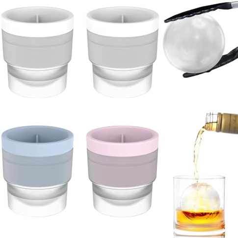 Ice Ball Mould, 4Pcs Ball Ice Cube Moulds, Round Ice Cube Mould for Whisky, Cocktails, Coffee and Juice, Easy Release Silicone Ice Sphere Moulds, 7.1 x 6.7 cm, White, Pink and Blue