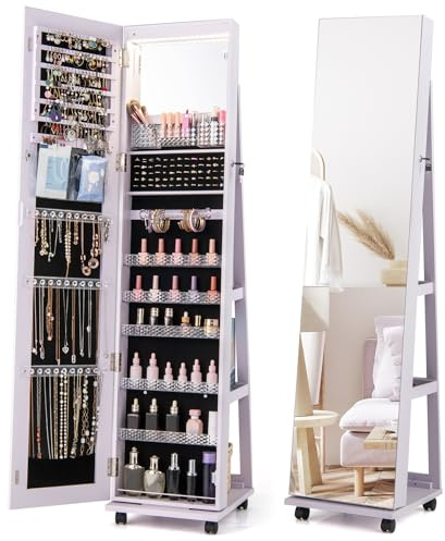 RELAX4LIFE Armoire à Bijoux à Roulettes 360º avec Miroir Pleine Longueur, Miroir sur Pied avec Rangement Bijoux, Éclairage LED, 5 Étagères Réglables pour Bague Bracelet (Violet)