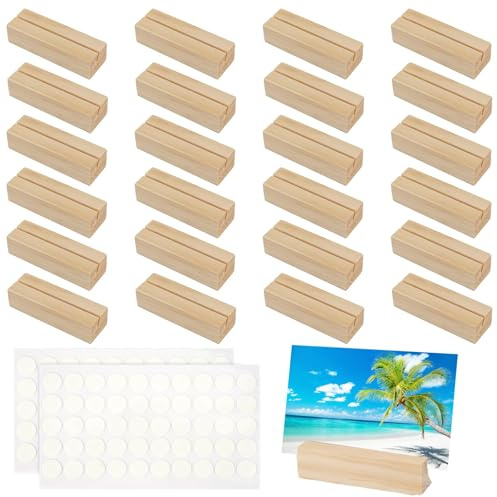 24 Pieces Wooden Place Card Holders, 7x2.2x2.2cm Wooden Table Number Stands with Double-Sided Adhesive, Picture Card Sign Holder, Wood Menu Holders for Wedding Party Restaurants Photo Display
