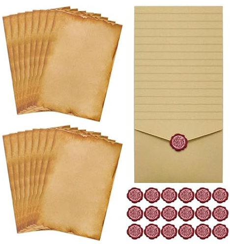 HMCEY 48 Pezzi Carta da Lettera con Busta Elegante,Busta da Lettera Antica,Buste Lettere Vintage,Carta da Lettere Decorata,Writing Paper Set,Cancelleria Vintage con 16 Adesivi Sigillo di Cera