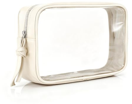 Clear Makeup Bag, PU Leather Small Makeup Pouch Portable Travel Toiletry Bag Transparent Waterproof Cosmetic Organizer with Zipper for Women Home Travel Office Cosmetic Storage (Beige)