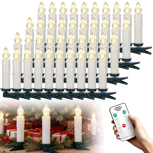 Kidsgigglz Set di 40 candele a LED per albero di Natale, senza fiamme, senza fili, con timer, luce bianca calda, dimmerabili, per decorazioni natalizie, feste, matrimoni
