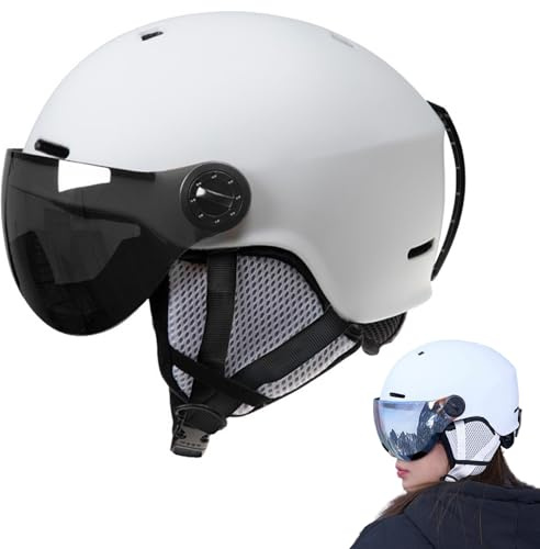 Casco de esquí con Gafas, Casco de Snowboard 2 en 1 con Gafas de Visera y Orejeras Desmontables para Adultos Snowboard Deportes de Invierno (Blanco)