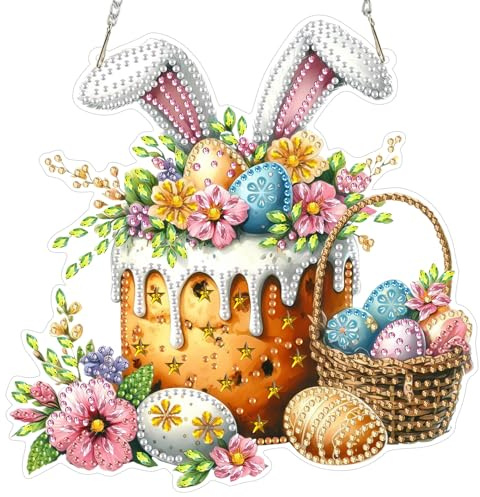 DAERLE Cesta con pasteles de Pascua Diamond Painting Colgante, Adorno Acrílico Pintura de Diamante, Feliz Pascua, conejito, 5D Cristal Kit para Ornaments, para Ventanas de Casa y Jardín Decoración