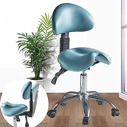LMMSHA Sgabello da Sella con Ruote di Supporto per la Schiena, Sgabelli Idraulici da Salone in Metallo, Sedia da Ufficio ergonomica per Dentista, Blu