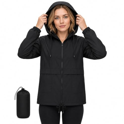 NWDEY Women's Lightweight Waterproof Jacket Ladies Packable Raincoat Hooded Windproof Rain Jacket Coat for Outdoor Travel