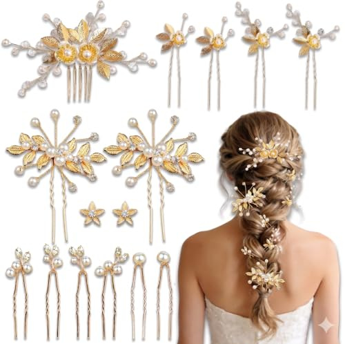Piacolnic 13 Piezas Horquillas Pelo Boda, Accesorios para el Pelo Dorados con Peine de Hojas y Alfileres de Perlas Artificiales, Tocado para Mujer de Aleación para Novias y Damas de Cortejo