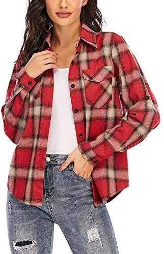 Enjoyoself Chemisier Carreaux Femme 100% Coton Chemise Bucheron Western Décontractée Classique Retro Ecossaise Coton Flanelle Blouse Gilet T Shirt Casual Vintage,Rouge 4,XL
