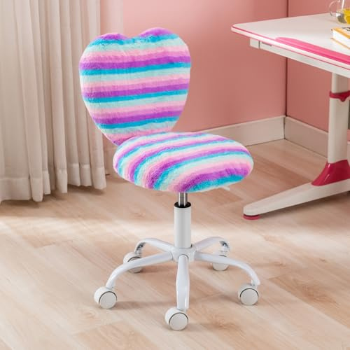 chairus Silla Escritorio Niña de Piel Sintética Silla Infantil de Corazón, Silla Giratoria de Estudio para Niñas con Ruedas y Altura Ajustable, Arcoíris (Violeta)