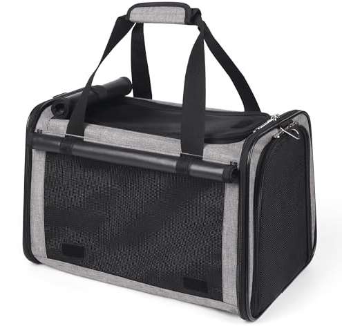 YUDODO 25 lbs Lightproof Soft Sided Large Cat Carrier for Small Dog Pet Airline Approved Travel Bag Puppy Carriers with Side Pockets & Reflective Mesh, Foldable Portable for Outdoor Car Grey