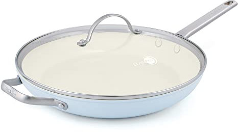 GreenPan Padova Hård anodiserad hälsosam keramisk nonstick, 30,48 cm stekpanna med lock och hjälphandtag, PFAS-fri, diskmaskinssäker, ljusblå