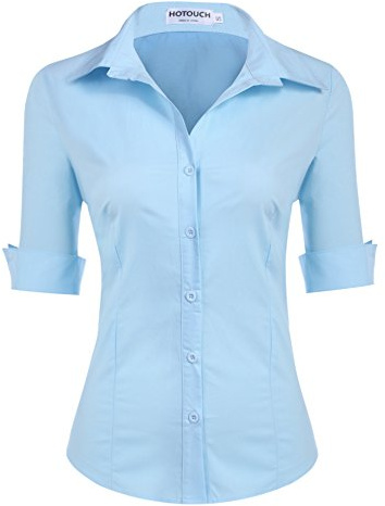 Hotouch Camisa de Algodón con Botones Mujer Blusa Manga 3/4 Blusa | Color Sólido Camisa | Cuello en V Camiseta | Casual Shirts | Basica Parte Superior | XS-XXL