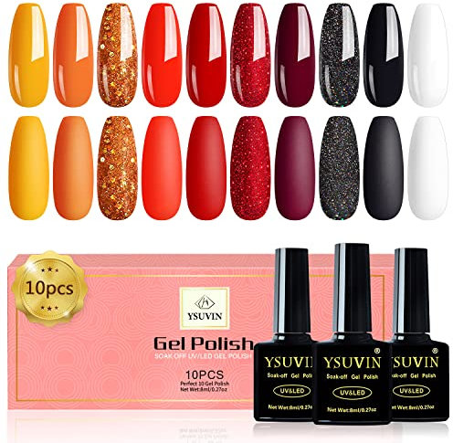 Yueshop Autumn Gel Nail Polish,10 PCS Orange Yellow Red Black White Glitter Gel Polish Sets Soak-Off UV/LED Lamp Gel Nail Varnish Set for Women Art Manicure Salon Halloween,8ml