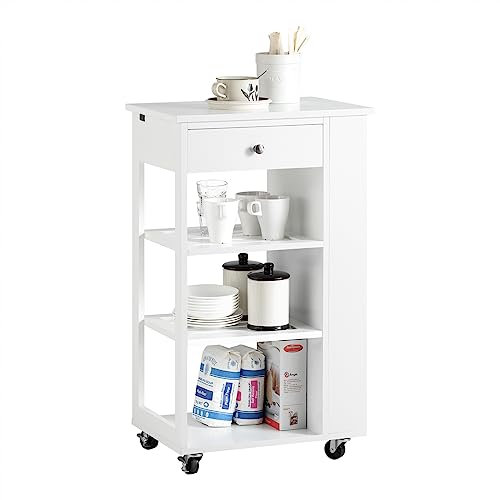 SoBuy FKW12-II-W Carrito Auxiliar de Cocina con 3 Estantes 1 Cajón y 4 Ruedas Carrito de Servir Multiusos 50 x 37 x 86 cm Blanco ES