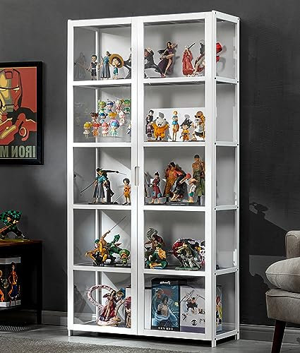 CHAANG glasvitrine vitrine vitrinenschrank sammlervitrine wohnzimmerschrank Natürlicher Bambusrahmen, Side-by-Side-Türdesign, versiegelt und staubdicht, leicht zu reinigen